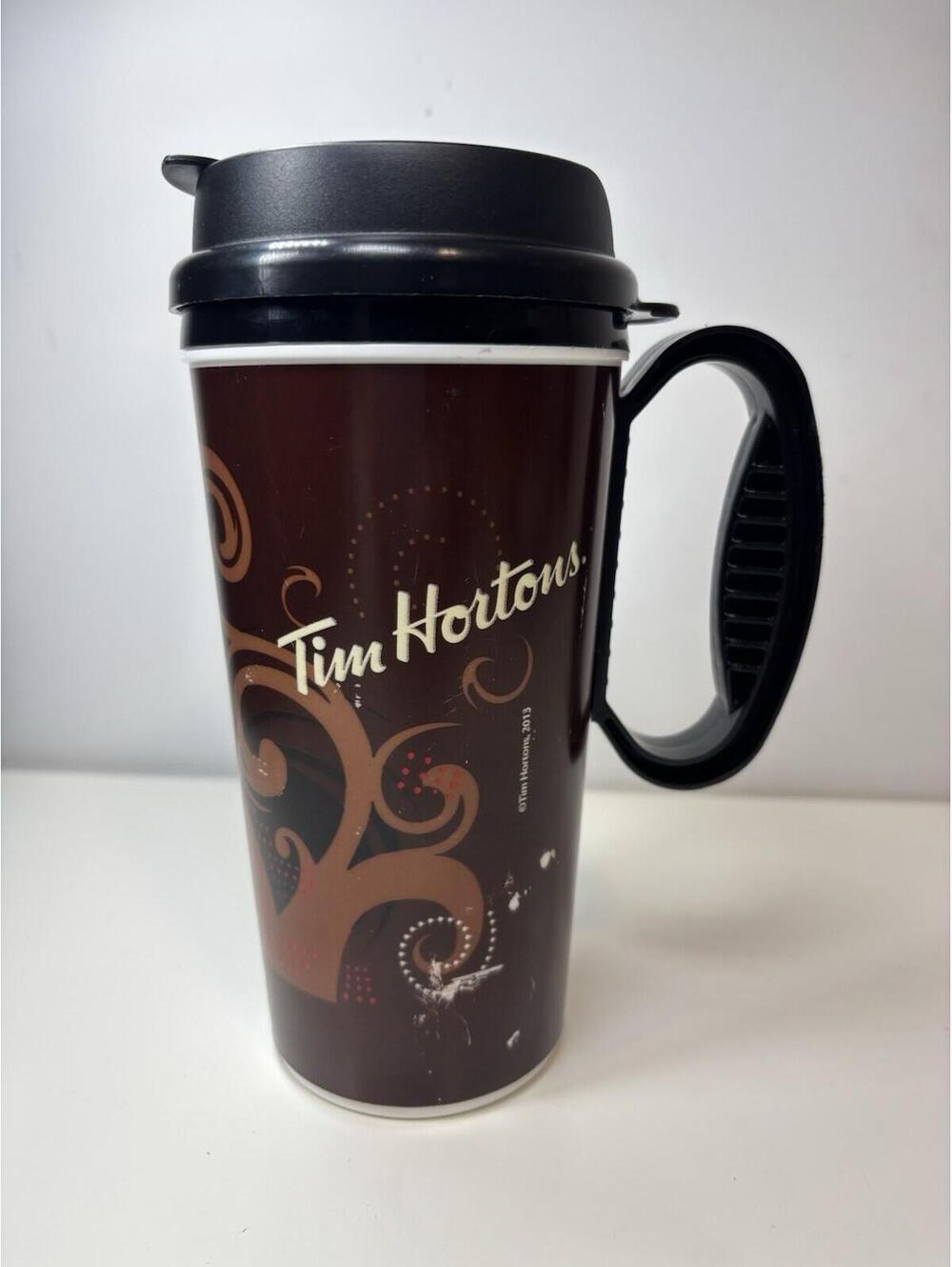 Tim Hortons 2013 Brown 8" Swirl Whirley Plastic Travel Tumbler with Lid